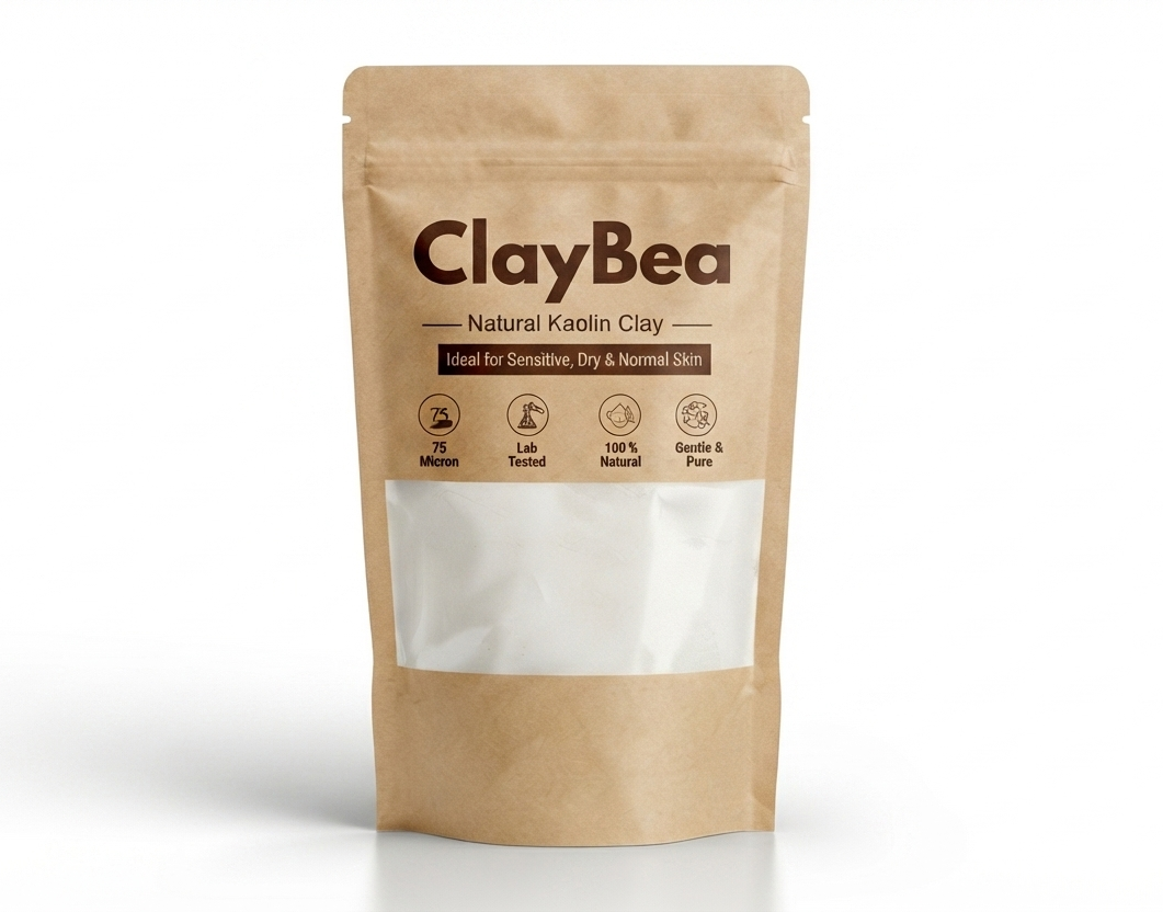 A stand-up kraft paper pouch of ClayBea Natural Kaolin Clay, featuring a clear window displaying the white clay powder inside. The packaging is brown with dark brown text and icons, set against a clean white background with a soft shadow.