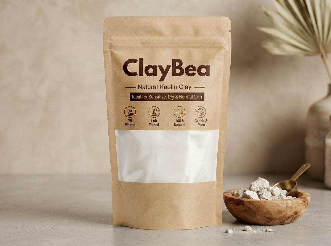 A stand-up kraft pouch of ClayBea Natural Kaolin Clay stands on a light surface against a warm beige background, with a small wooden bowl of white clay powder and a gold spoon beside it.