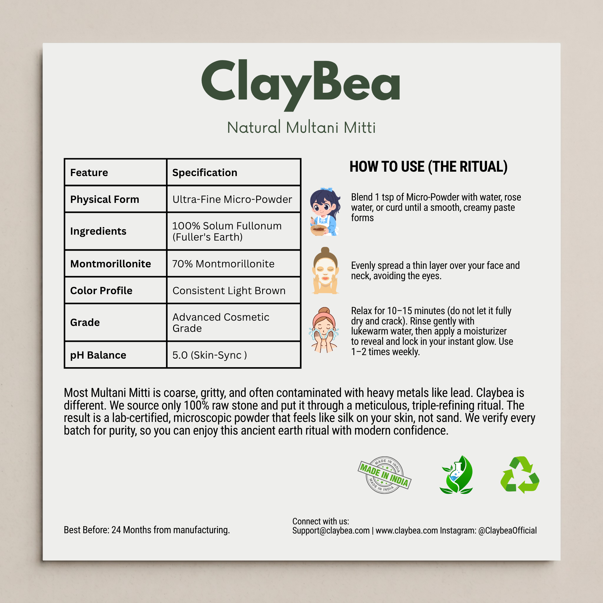 ClayBea Natural Multani Mitti (75 Micron Ultra-Refined)